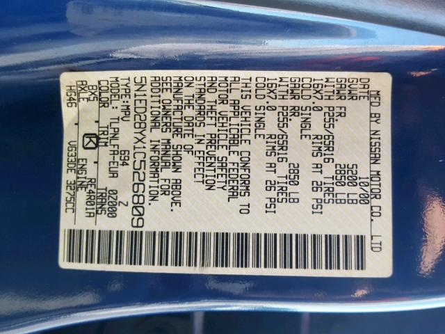 5N1ED28YX1C526809 - 2001 NISSAN XTERRA XE BLUE photo 10