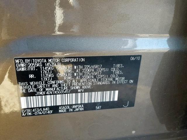 JTMDF4DV7A5035457 - 2010 TOYOTA RAV4 LIMIT BROWN photo 10