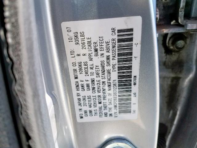 JHMCP26838C023671 - 2008 HONDA ACCORD EXL SILVER photo 10