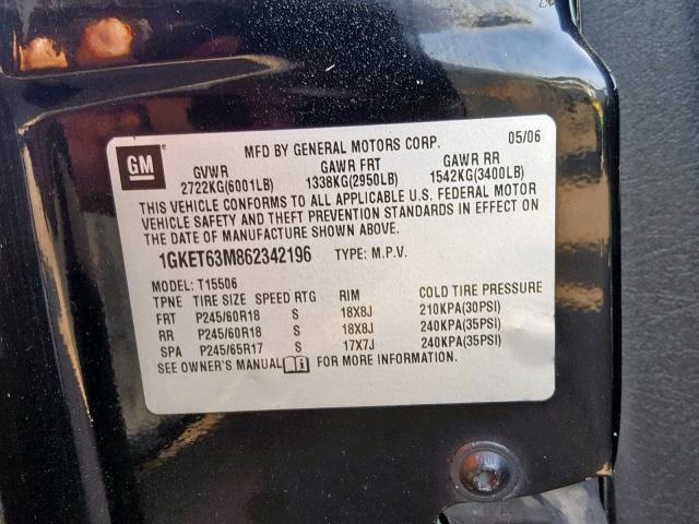 1GKET63M862342196 - 2006 GMC ENVOY DENA BLACK photo 10