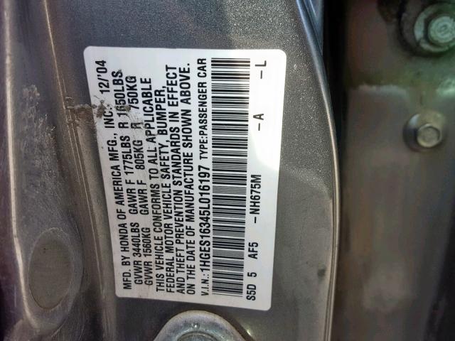 1HGES16345L016197 - 2005 HONDA CIVIC DX V GRAY photo 10