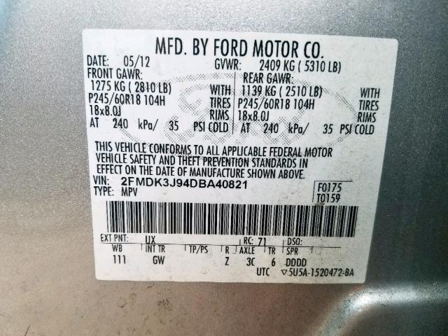 2FMDK3J94DBA40821 - 2013 FORD EDGE SEL SILVER photo 10