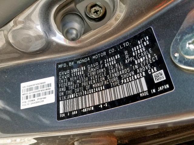 JHMFC1F70JX024494 - 2018 HONDA CIVIC EXL 灰色 照片 10