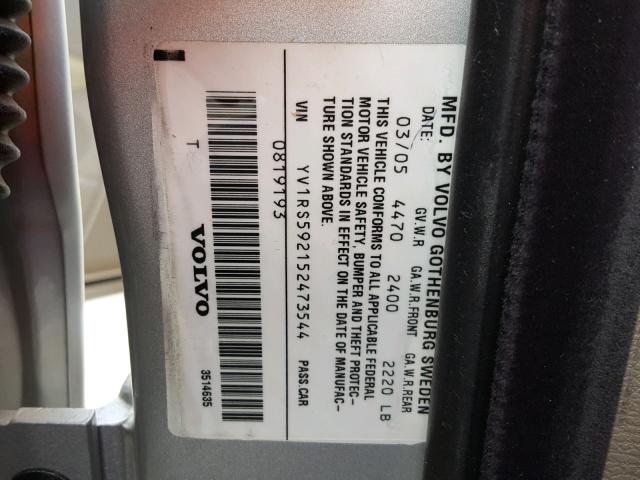 YV1RS592152473544 - 2005 VOLVO S60 2.5T SILVER photo 10