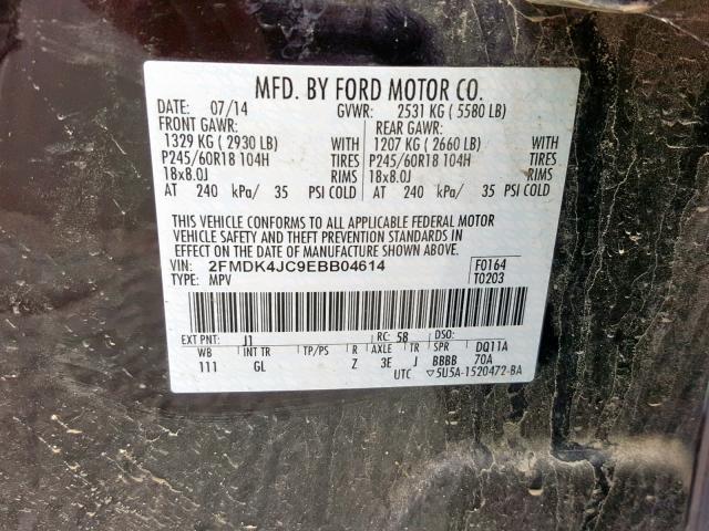 2FMDK4JC9EBB04614 - 2014 FORD EDGE SEL BROWN photo 10