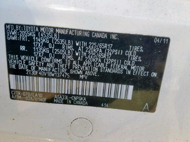 2T3DF4DV1BW137475 - 2011 TOYOTA RAV4 LIMIT WHITE photo 10