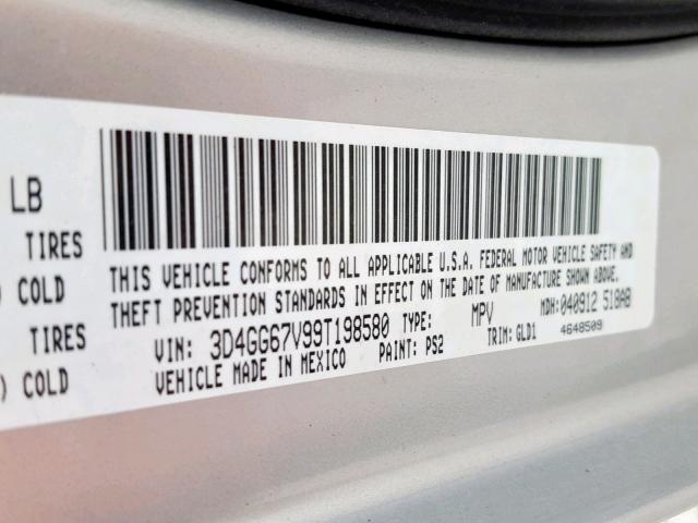 3D4GG67V99T198580 - 2009 DODGE JOURNEY R/ SILVER photo 10