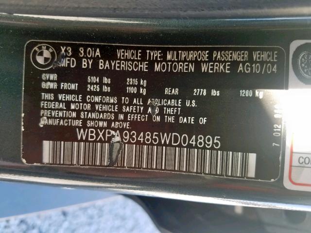 WBXPA93485WD04895 - 2005 BMW X3 3.0I GREEN photo 10