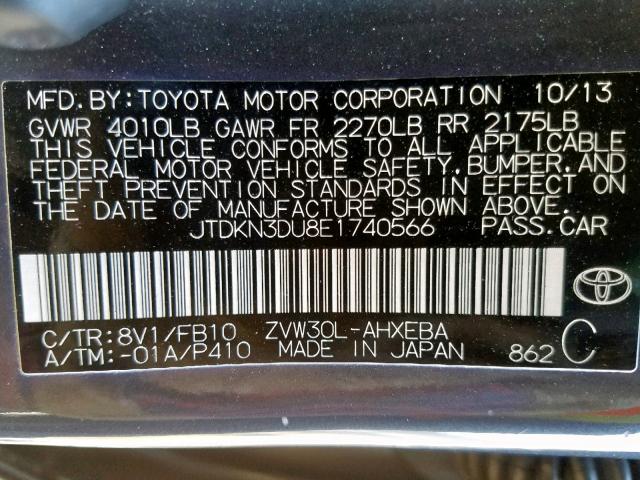 JTDKN3DU8E1740566 - 2014 TOYOTA PRIUS GRAY photo 10