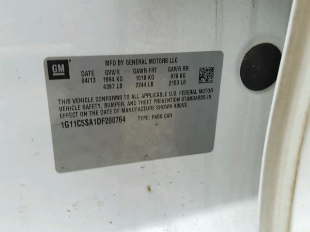 1G11C5SA1DF280764 - 2013 CHEVROLET MALIBU 1LT WHITE photo 10