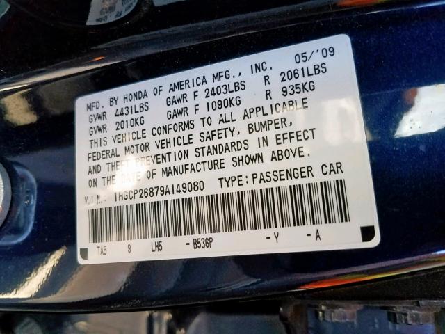 1HGCP26879A149080 - 2009 HONDA ACCORD EXL BLUE photo 10