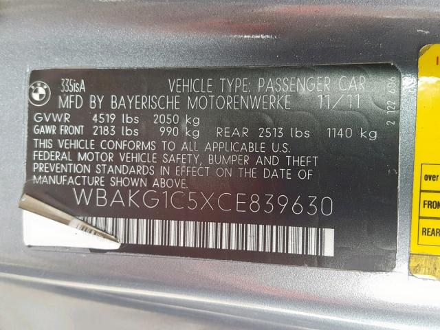 WBAKG1C5XCE839630 - 2012 BMW 335 I SULE SILVER photo 10