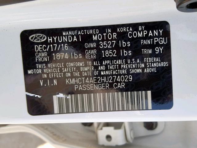 KMHCT4AE2HU274029 - 2017 HYUNDAI ACCENT SE WHITE photo 10