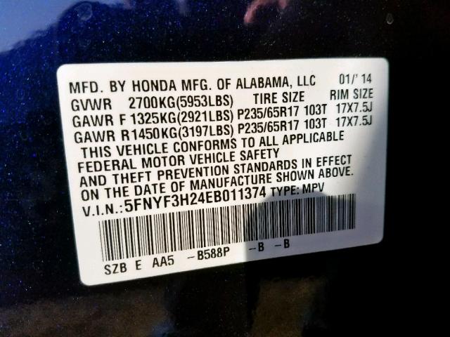 5FNYF3H24EB011374 - 2014 HONDA PILOT LX BLUE photo 10