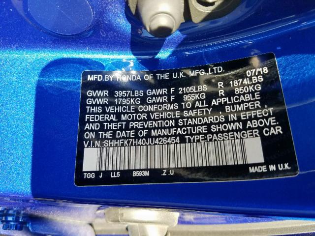 SHHFK7H40JU426454 - 2018 HONDA CIVIC SPOR BLUE photo 10