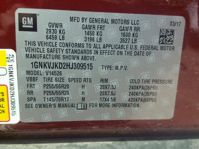 1GNKVJKD2HJ309515 - 2017 CHEVROLET TRAVERSE P MAROON photo 10