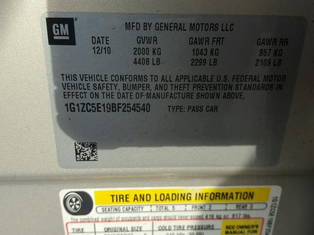 1G1ZC5E19BF254540 - 2011 CHEVROLET MALIBU 1LT BEIGE photo 10