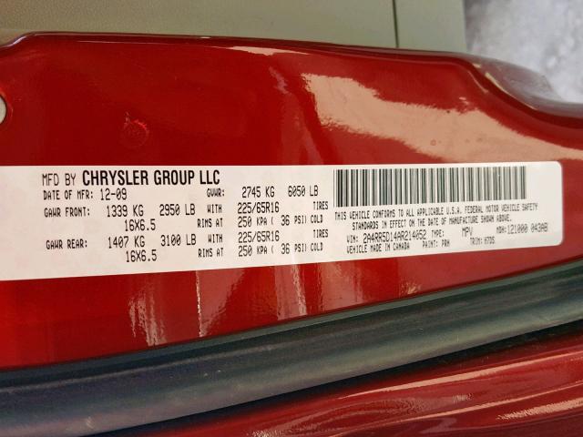 2A4RR5D14AR214052 - 2010 CHRYSLER TOWN & COU RED photo 10