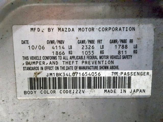 JM1BK34L071654056 - 2007 MAZDA SPEED 3 SILVER photo 10