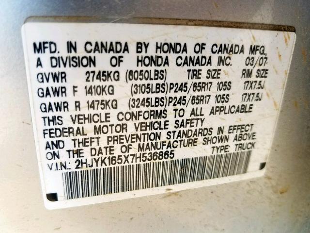 2HJYK165X7H536865 - 2007 HONDA RIDGELINE SILVER photo 10