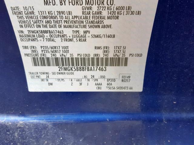 2FMGK5B88FBA17463 - 2015 FORD FLEX SE BLUE photo 10