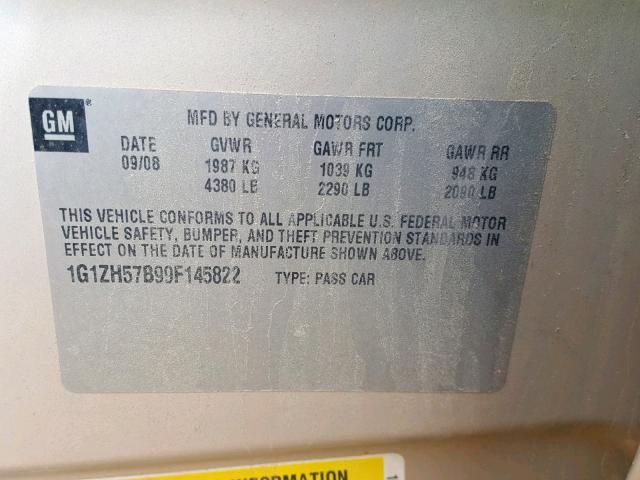 1G1ZH57B99F145822 - 2009 CHEVROLET MALIBU 1LT 金色 照片 10