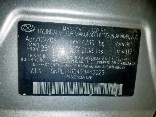 5NPET46C49H443029 - 2009 HYUNDAI SONATA GLS SILVER photo 10