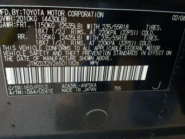 JTMZD32V265011826 - 2006 TOYOTA RAV4 SPORT CHARCOAL photo 10