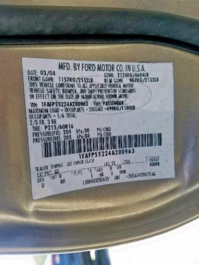 1FAFP55224A200963 - 2004 FORD TAURUS SES GOLD photo 10