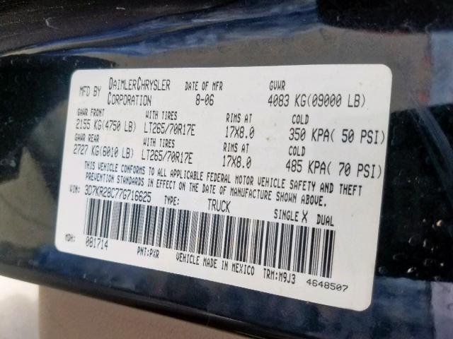 3D7KR28C77G716625 - 2007 DODGE RAM 2500 S შავი ფოტო 10