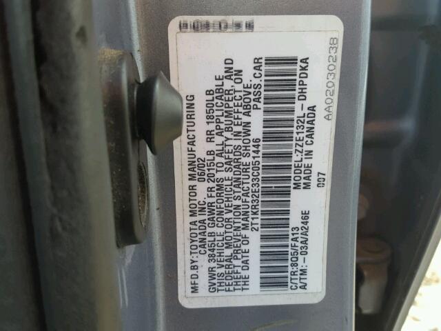 2T1KR32E33C051446 - 2003 TOYOTA COROLLA MA BLUE photo 10