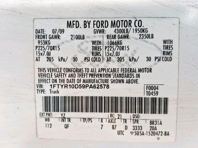 1FTYR10D59PA62578 - 2009 FORD RANGER WHITE photo 10