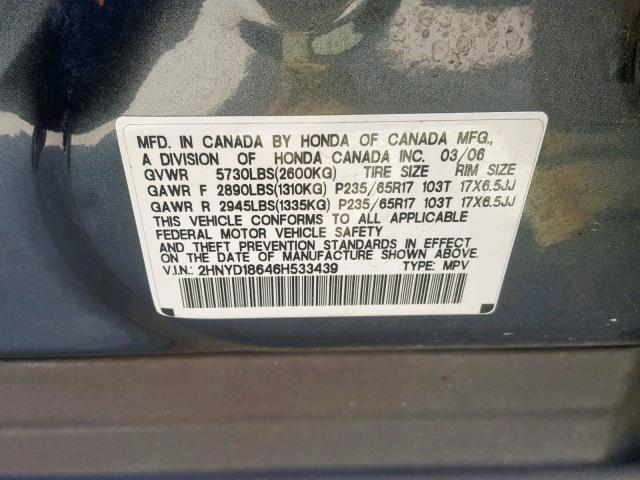 2HNYD18646H533439 - 2006 ACURA MDX TOURIN BLUE photo 10