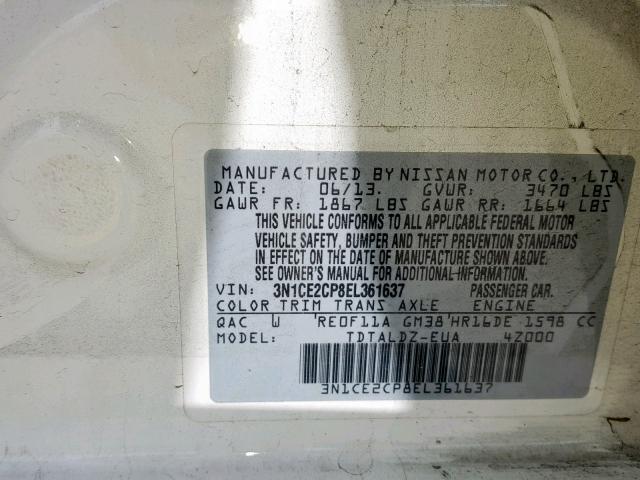 3N1CE2CP8EL361637 - 2014 NISSAN VERSA NOTE WHITE photo 10