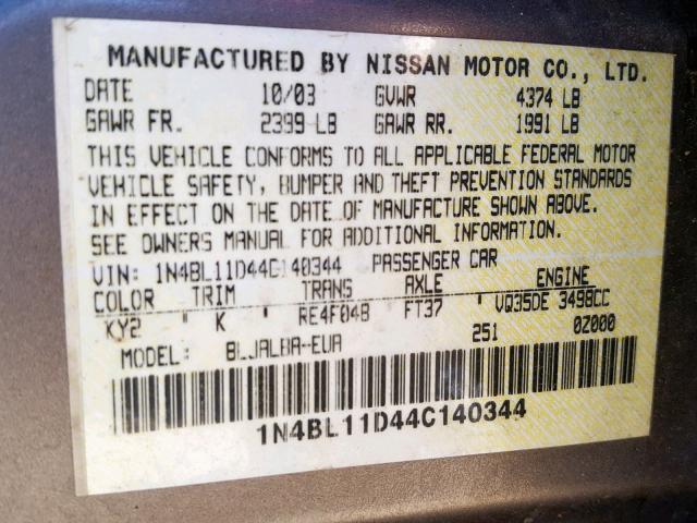 1N4BL11D44C140344 - 2004 NISSAN ALTIMA SE SILVER photo 10