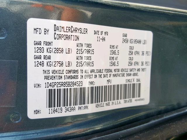 1D4GP25R85B284523 - 2005 DODGE CARAVAN SE GREEN photo 10