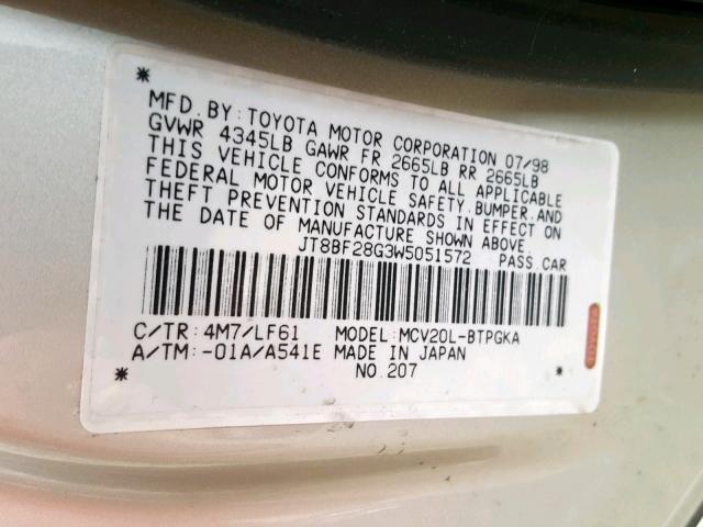 JT8BF28G3W5051572 - 1998 LEXUS ES 300 GRAY photo 10