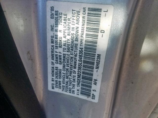 1HGEM22365L048364 - 2005 HONDA CIVIC DX V SILVER photo 10