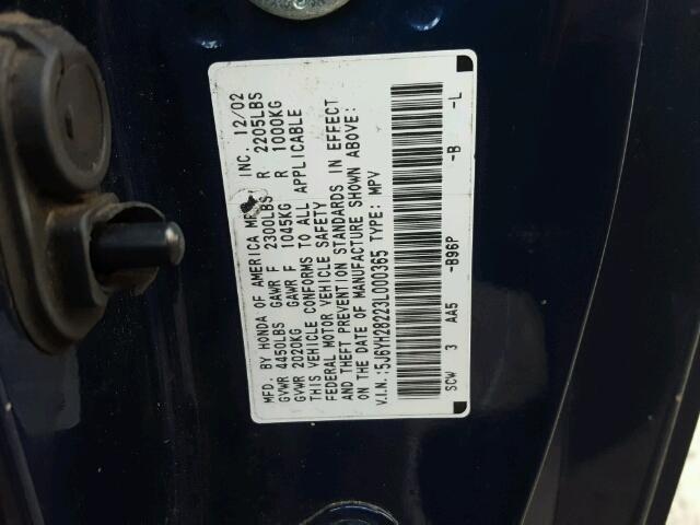 5J6YH28223L000365 - 2003 HONDA ELEMENT DX BLUE photo 10