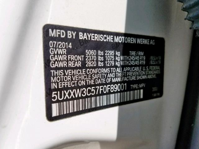 5UXXW3C57F0F89001 - 2015 BMW X4 XDRIVE2 WHITE photo 10
