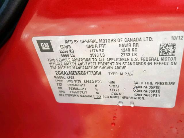 2GKALMEK9D6173384 - 2013 GMC TERRAIN SL RED photo 10