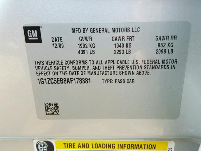 1G1ZC5EB8AF178381 - 2010 CHEVROLET MALIBU 1LT SILVER photo 10