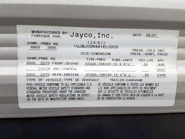 1UJBJ02R481EL0205 - 2008 JAYC JAYFLIGHT WHITE photo 10