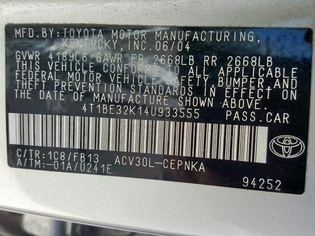 4T1BE32K14U933555 - 2004 TOYOTA CAMRY LE SILVER photo 10