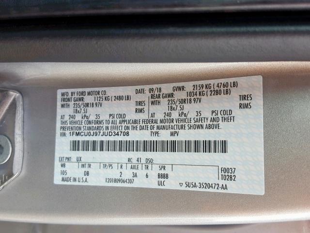 1FMCU0J97JUD34708 - 2018 FORD ESCAPE TIT SILVER photo 10