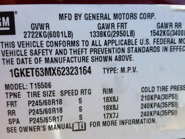 1GKET63MX62323164 - 2006 GMC ENVOY DENA MAROON photo 10