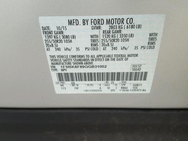 1FM5K8F89GGB31002 - 2016 FORD EXPLORER L SILVER photo 10