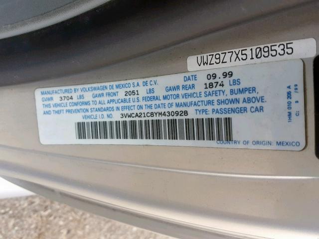 3VWCA21C8YM430928 - 2000 VOLKSWAGEN NEW BEETLE ვერცხლისფერი ფოტო 10