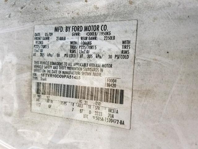 1FTYR10D09PA51455 - 2009 FORD RANGER WHITE photo 10