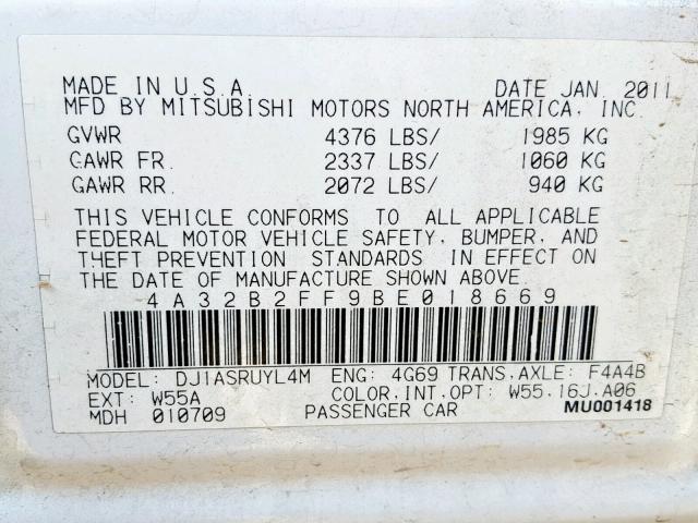 4A32B2FF9BE018669 - 2011 MITSUBISHI GALANT FE WHITE photo 10